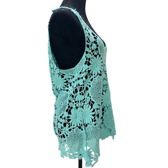 Breeze Ever Teal Floral Crochet Tank Top Boho Beach Cover Up Size M - Picture 4 of 5